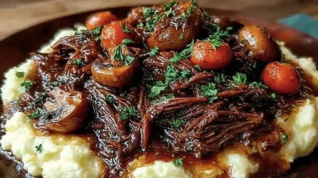 Savory slow cooker pot roast served with vegetables on a rustic wooden table.