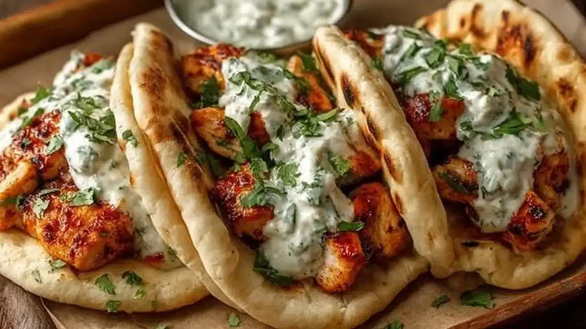 Sheet pan chicken pitas with herby ranch served on a plate
