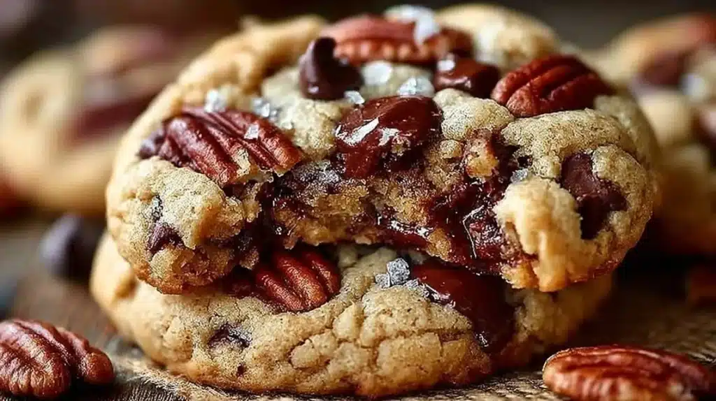 Tray of delicious brown butter pecan chocolate chip cookies