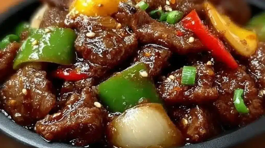 Sizzling Chinese Pepper Steak with Onions served on a plate