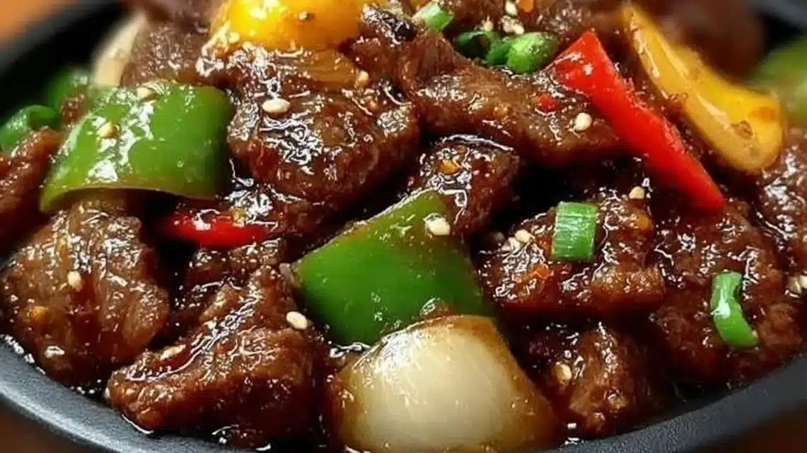 Sizzling Chinese Pepper Steak with Onions served on a plate