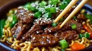 Slow Cooker Beef Ramen Noodles garnished with green onions and herbs.