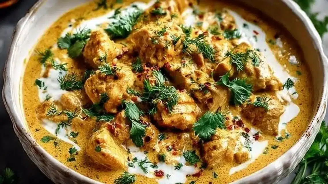 Delicious slow cooker chicken korma served with rice and garnished with herbs