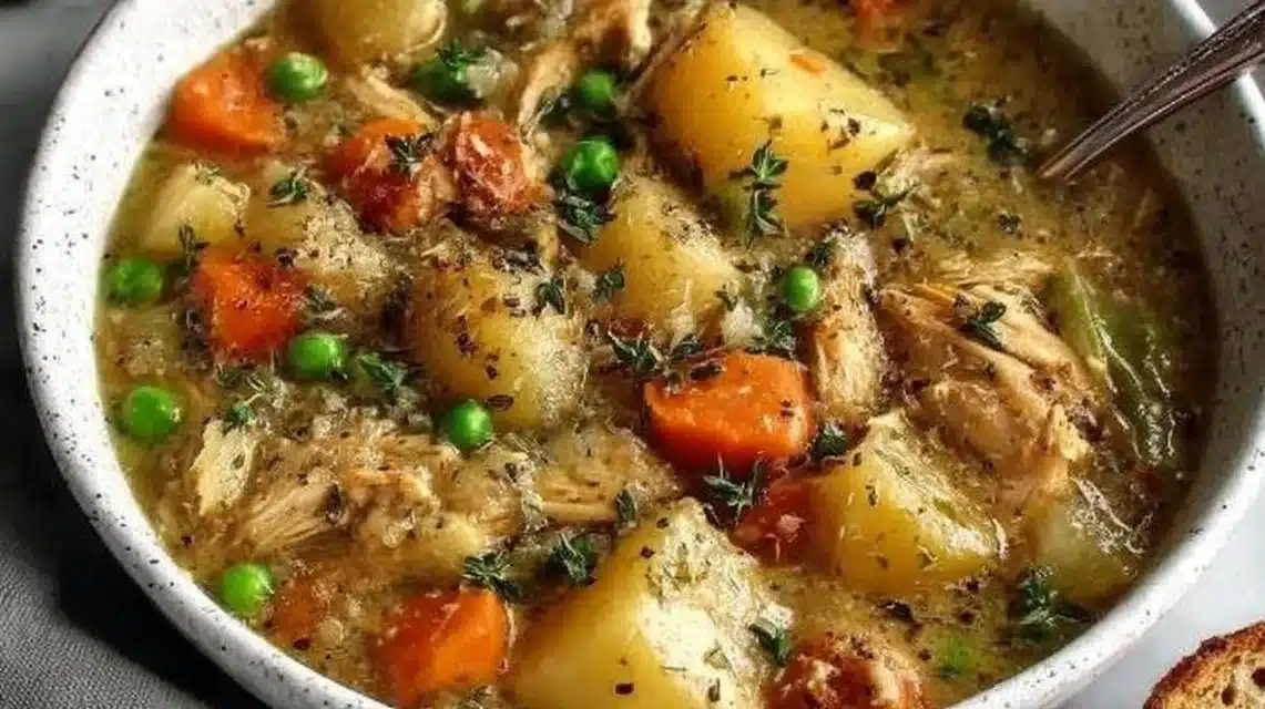 Delicious slow cooker chicken stew with vegetables and herbs in a bowl