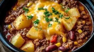 Slow Cooker Cowboy Casserole (Easy, Hearty Comfort Food) Delicious Slow Cooker Cowboy Casserole topped with cheese and fresh ingredients