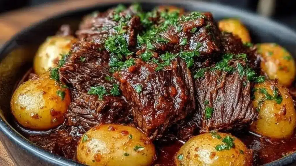 Delicious slow cooker garlic butter beef with tender potatoes