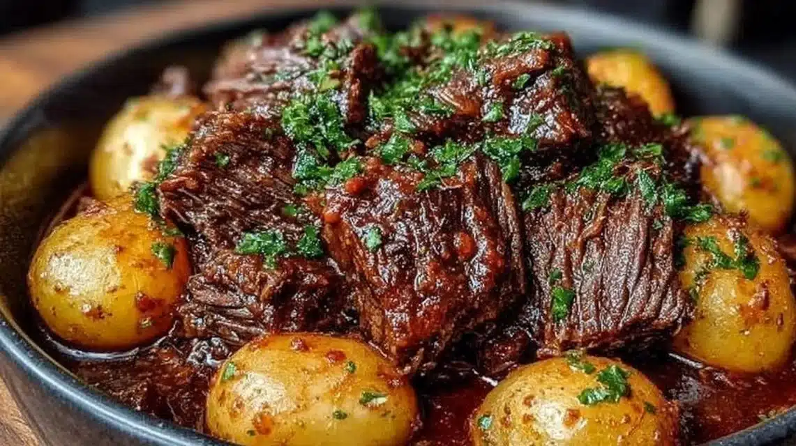 Delicious slow cooker garlic butter beef with tender potatoes