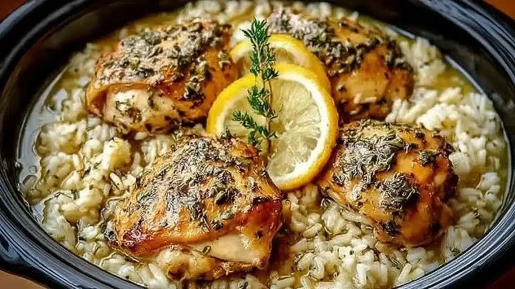 Slow cooker lemon herb chicken served with rice, showcasing a delicious meal.