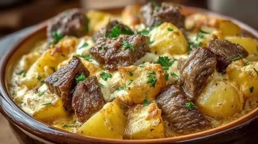 Slow cooker steak and cheddar potato casserole, a hearty and cheesy comfort food dish.