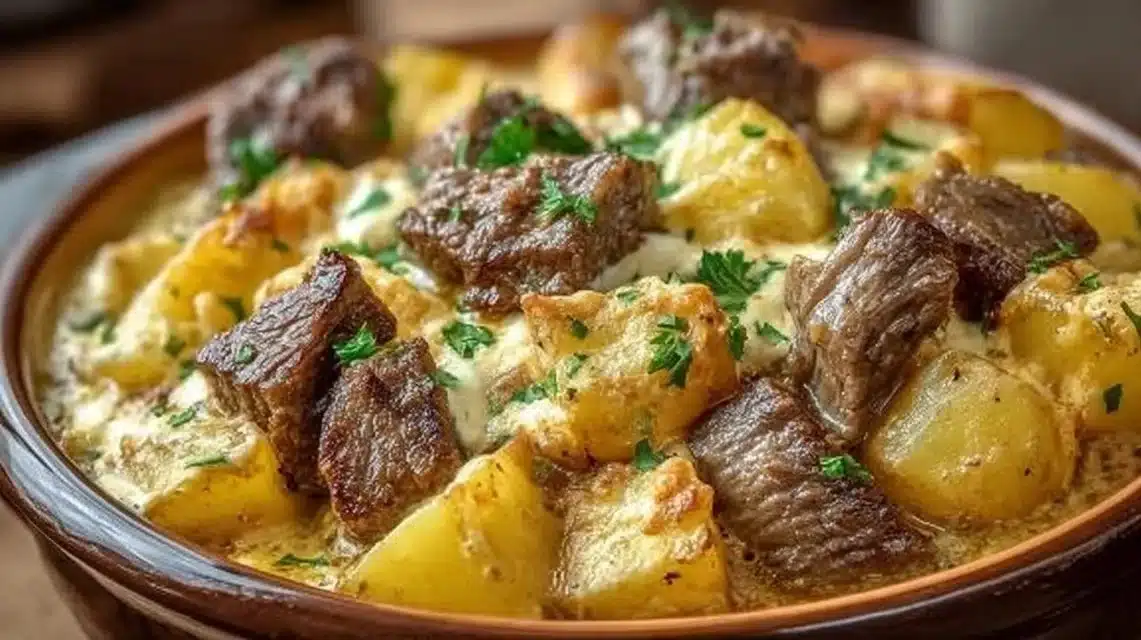 Slow cooker steak and cheddar potato casserole, a hearty and cheesy comfort food dish.