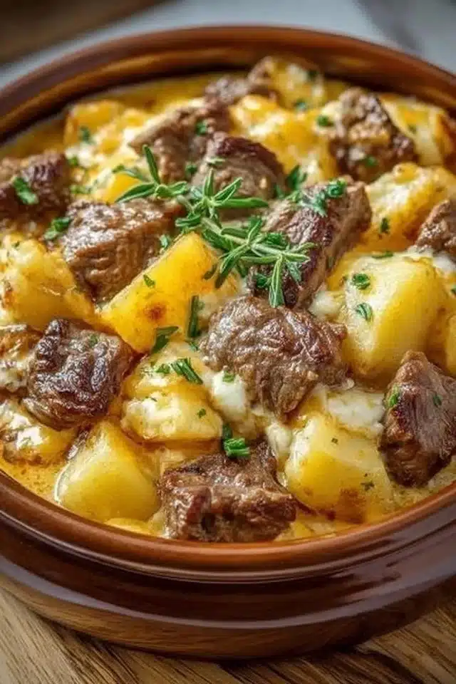 Slow Cooker Steak and Cheddar Potato Casserole – Hearty, Cheesy, and Comforting