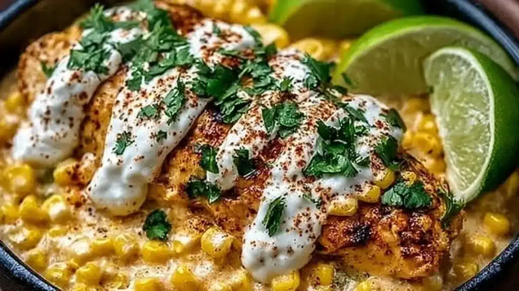 Bowl of Slow Cooker Street Corn Chicken with creamy sauce and corn toppings