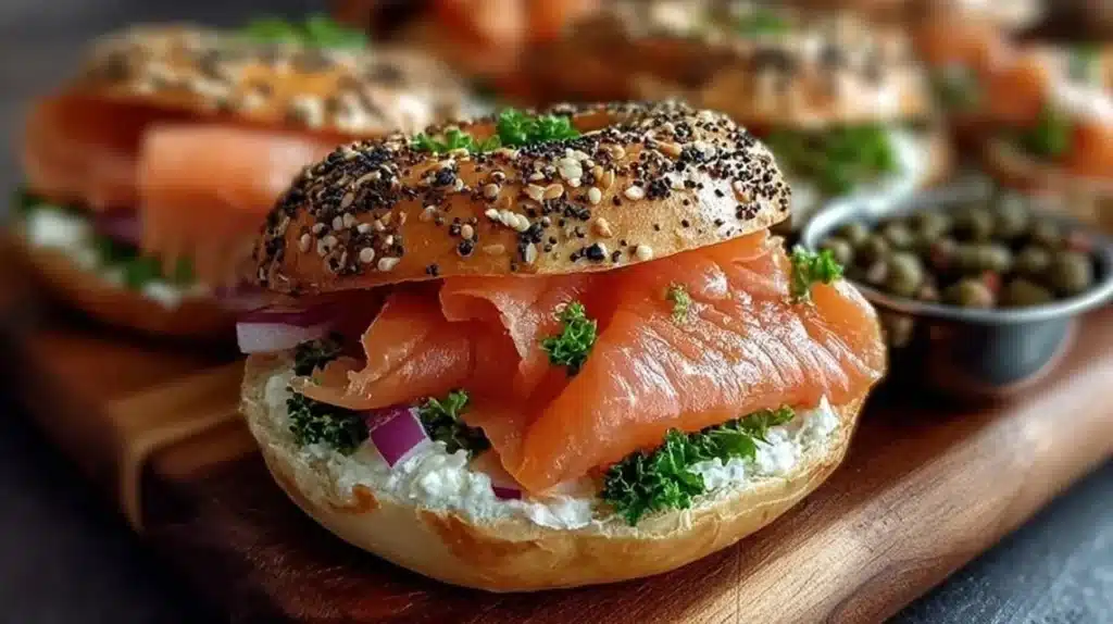 Delicious smoked salmon bagel topped with cream cheese and capers.