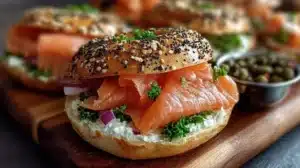 Delicious smoked salmon bagel topped with cream cheese and capers.