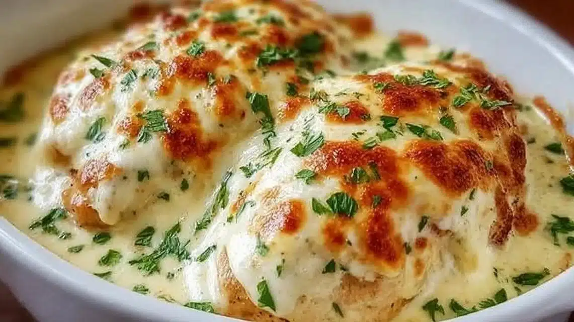 Delicious smothered cheesy sour cream chicken dish served on a plate
