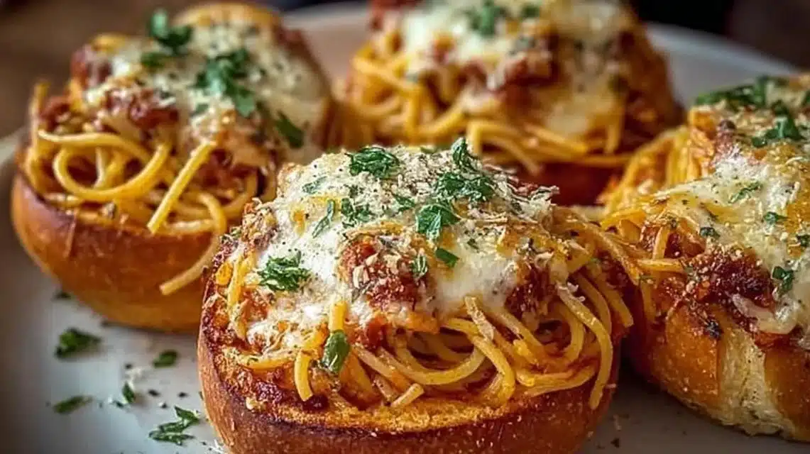Easy Spaghetti Garlic Bread Bowls (Perfect Family Dinner) 1 Spaghetti served in garlic bread bowls, a tasty twist on a classic dish.