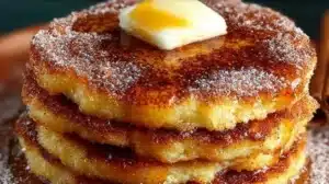 Delicious churro pancakes topped with cinnamon and sugar, perfect for breakfast