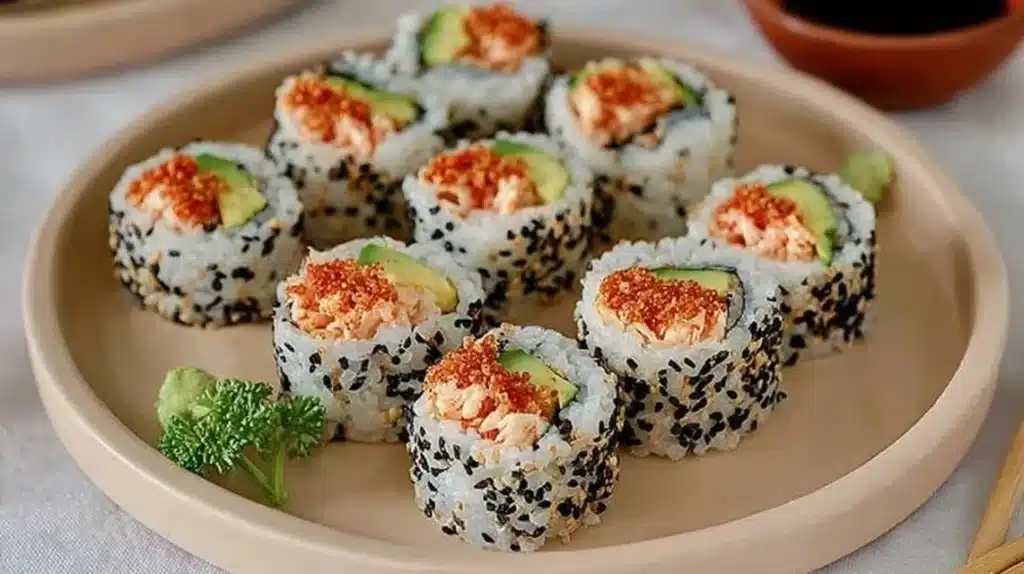 Delicious Spicy Crab Sushi rolls garnished with fresh ingredients