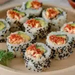 Delicious Spicy Crab Sushi rolls garnished with fresh ingredients