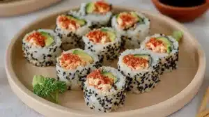 Delicious Spicy Crab Sushi rolls garnished with fresh ingredients