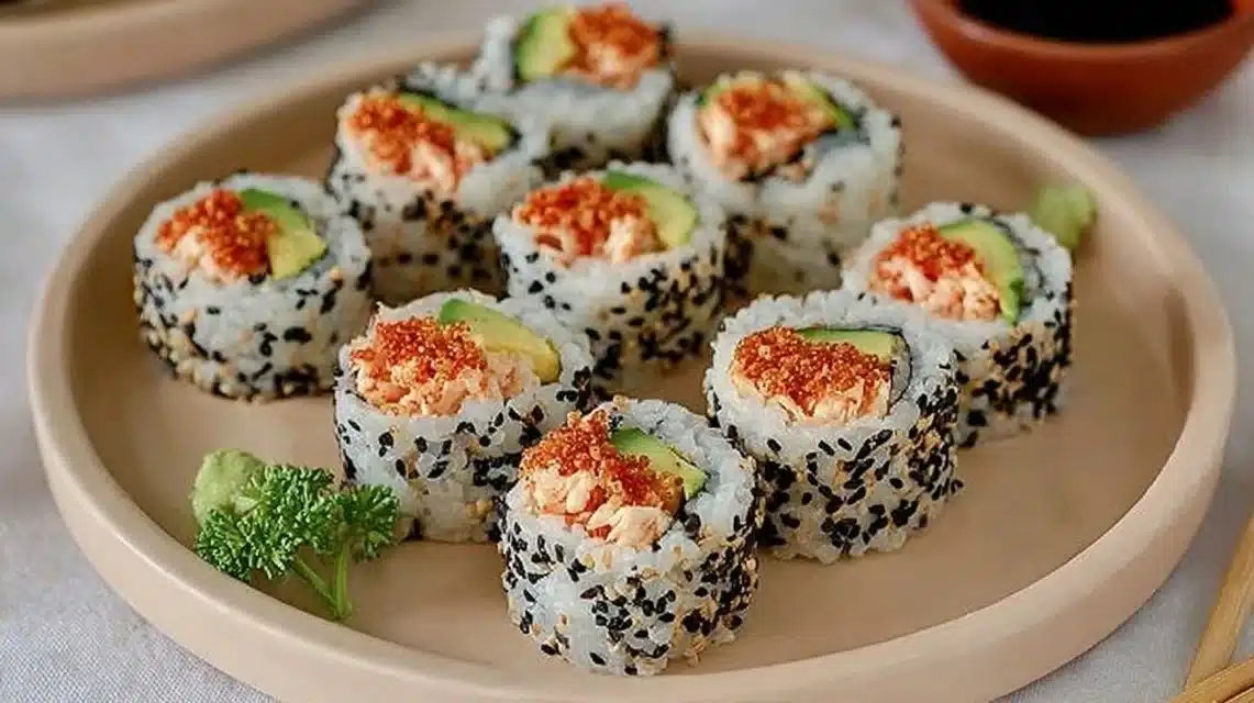 Delicious Spicy Crab Sushi rolls garnished with fresh ingredients