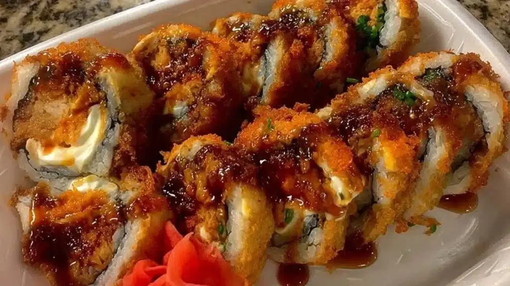 Delicious plate of Spicy Crunchy Sushi with vibrant colors and toppings