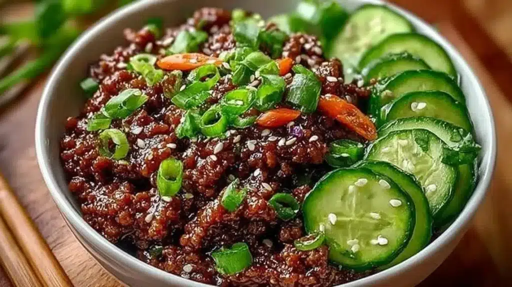 Spicy Keto Korean Ground Beef served with fresh cucumber salad