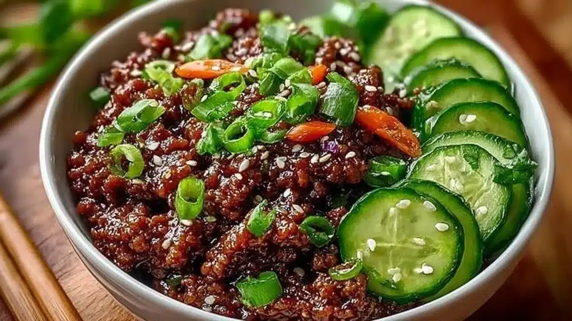 Spicy Keto Korean Ground Beef with Cucumber Salad (Easy!) 1 Spicy Keto Korean Ground Beef served with fresh cucumber salad