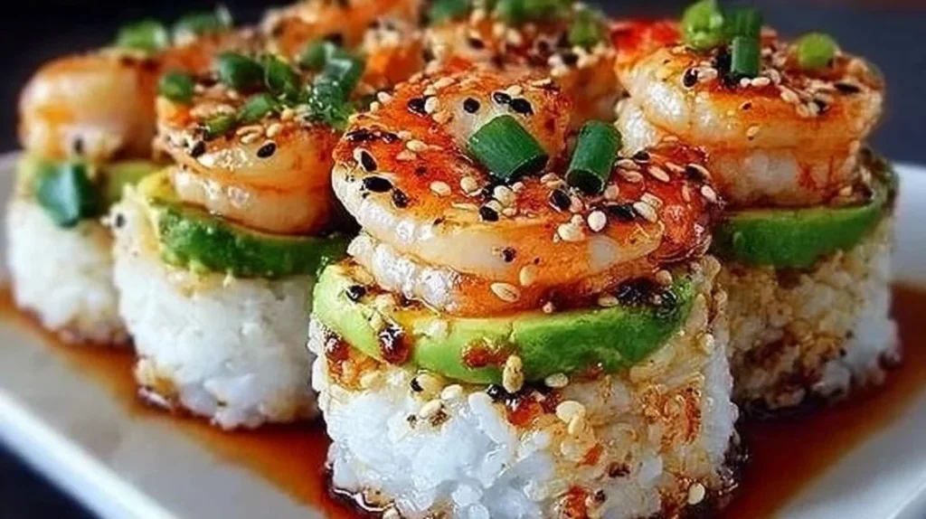 Delicious spicy shrimp sushi stacks served on a plate