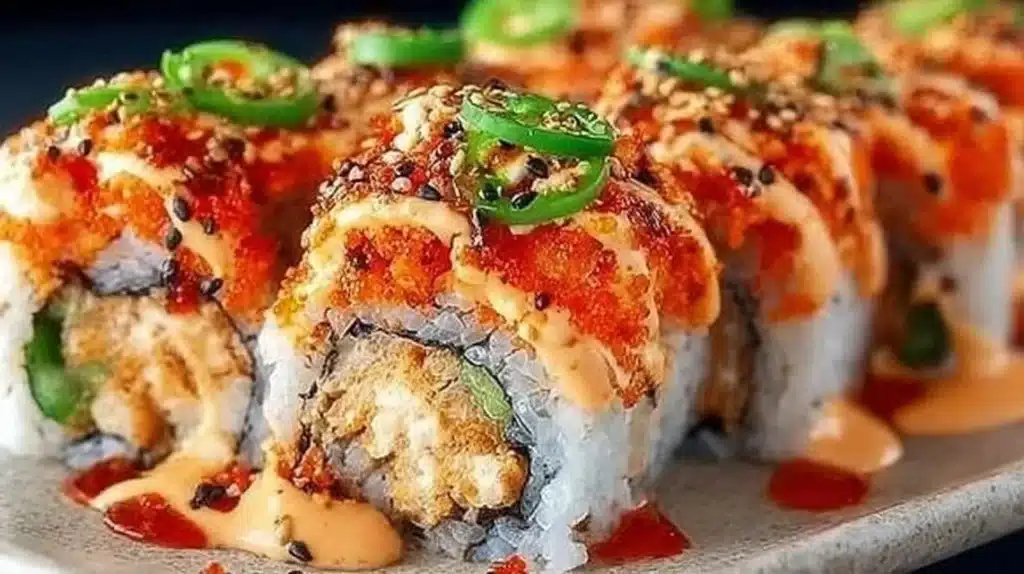 Delicious Spicy Volcano Roll sushi with vibrant toppings and spicy seasoning