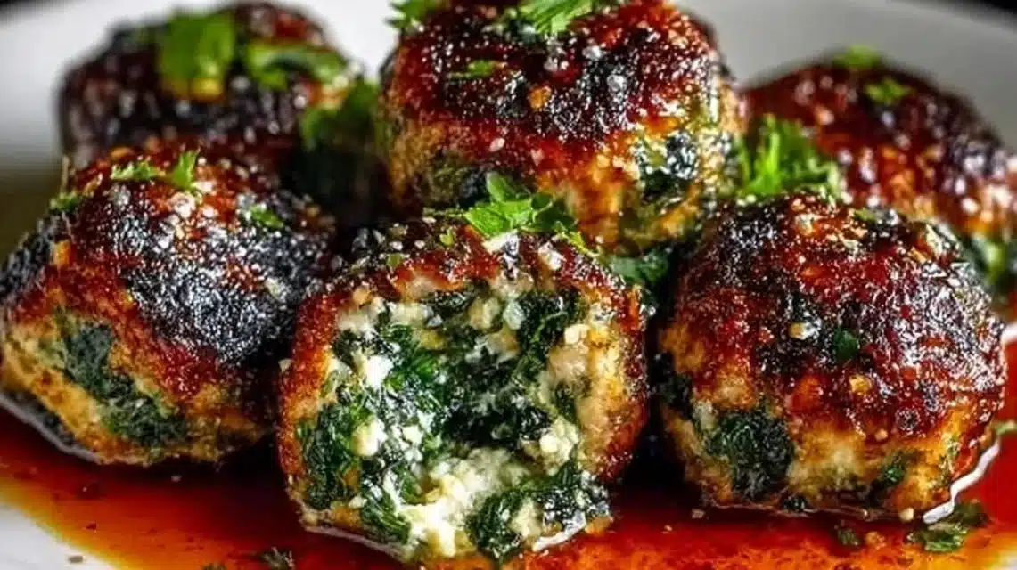 Spinach Garlic Meatballs (Juicy, Easy & Flavor-Packed!) 1 Plate of spinach garlic meatballs garnished with herbs