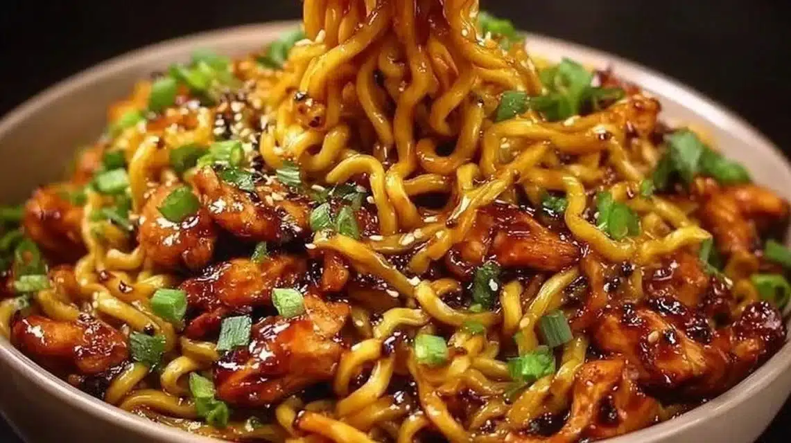 Sticky Garlic Chicken Noodles served in a bowl with fresh garnishes