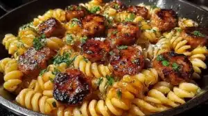 Sticky Honey Garlic Sausage Pasta (Better Than Takeout Flavor) Delicious sticky honey garlic sausage pasta served in a skillet