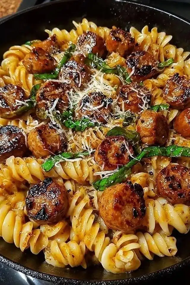 Sticky Honey Garlic Sausage Pasta Skillet
