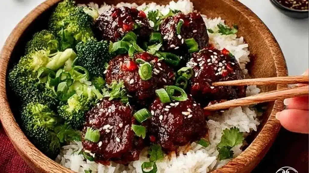 Sticky Mongolian Beef Meatballs served in a bowl with sauce and garnishes