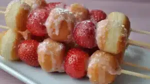 Strawberry and Donut Kabobs (Easy Sweet Snack!) Colorful strawberry donut kabobs arranged on a platter