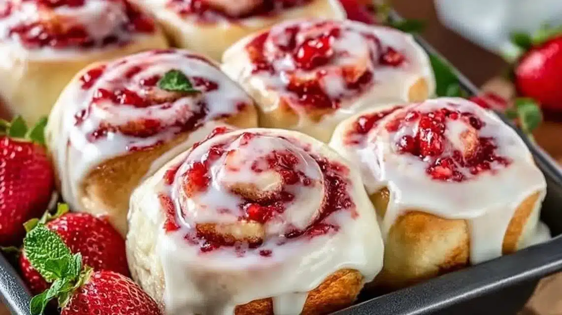 Easy Strawberry Cheesecake Cinnabon Rolls Recipe (No Fuss) 1 Delicious Strawberry Cheesecake Cinnabon Rolls fresh out of the oven.
