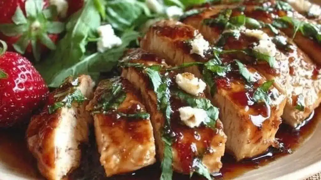 Delicious Strawberry Chicken served with fresh salad and vibrant colors on a plate.