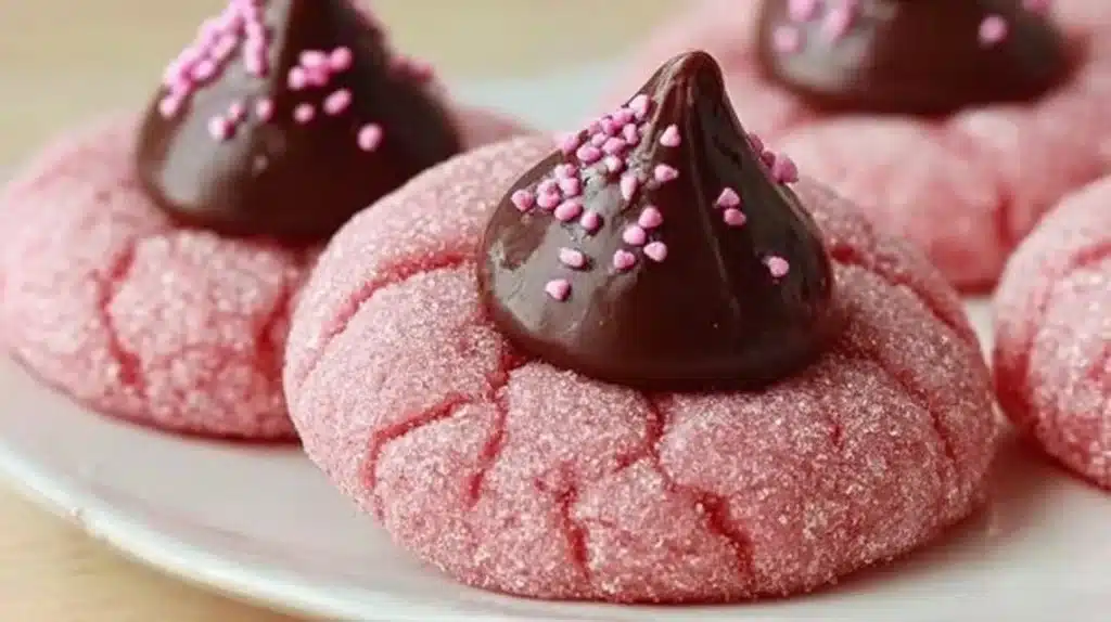 Freshly baked Strawberry Kiss Cookies with a strawberry on top