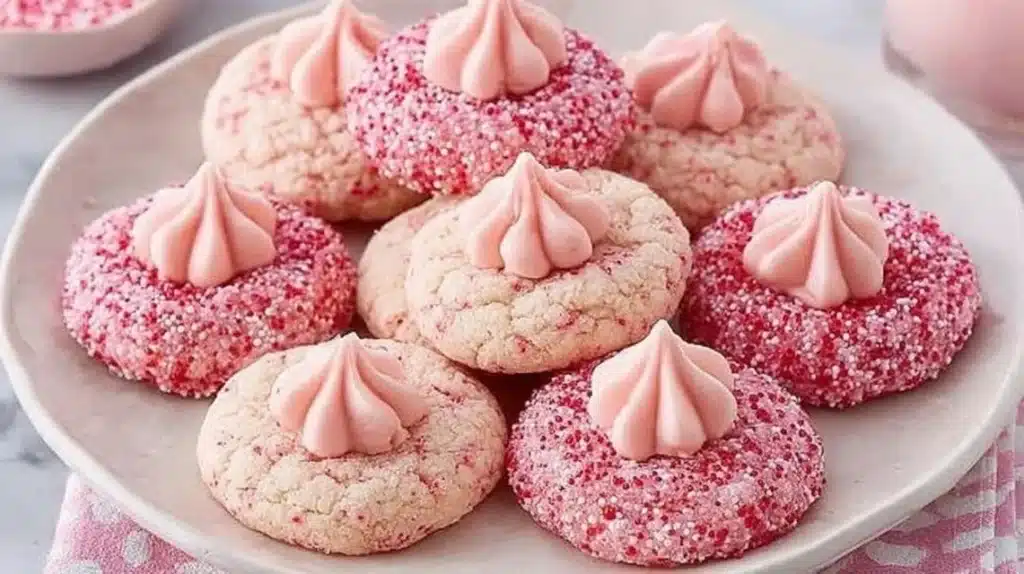 Soft strawberry kiss cookies with chocolate centers for Valentine's Day treat