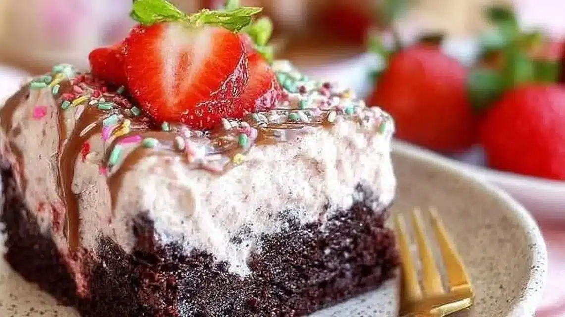 Strawberry Milkshake Poke Cake (Easy, Creamy, and Fun!) 1 Delicious Strawberry Milkshake Poke Cake topped with whipped cream and strawberries