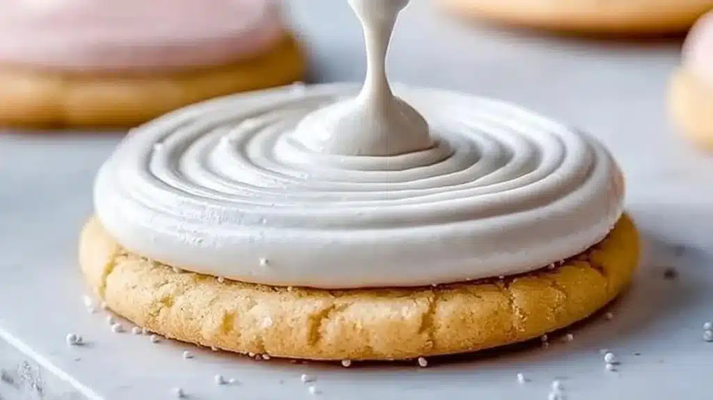 Colorful sugar cookie icing drizzled over freshly baked sugar cookies.