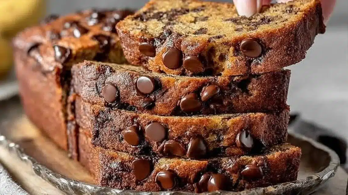 Easy Super Moist Chocolate Chip Banana Bread (One-Bowl) 1 Freshly baked super moist chocolate chip banana bread on a cooling rack