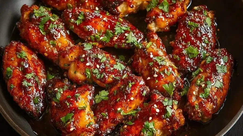 Plate of delicious sweet and spicy chicken wings garnished with herbs