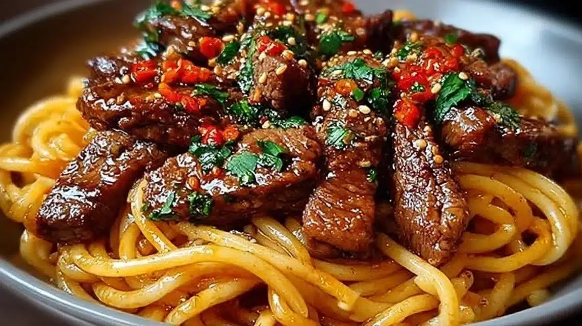 Delicious Sweet and Spicy Garlic Steak Pasta served in a bowl