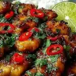 Plate of sweet and spicy Thai chicken garnished with herbs and chilies