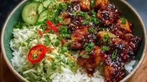 Sweet chili chicken rice bowl with fresh vegetables and herbs