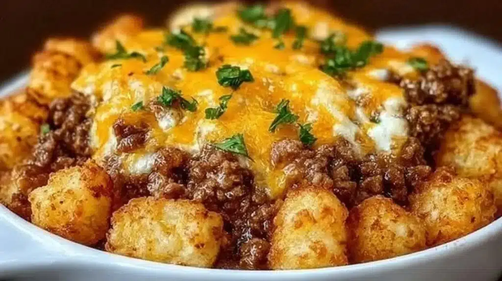 Tater Tot Casserole with Ground Beef served in a baking dish