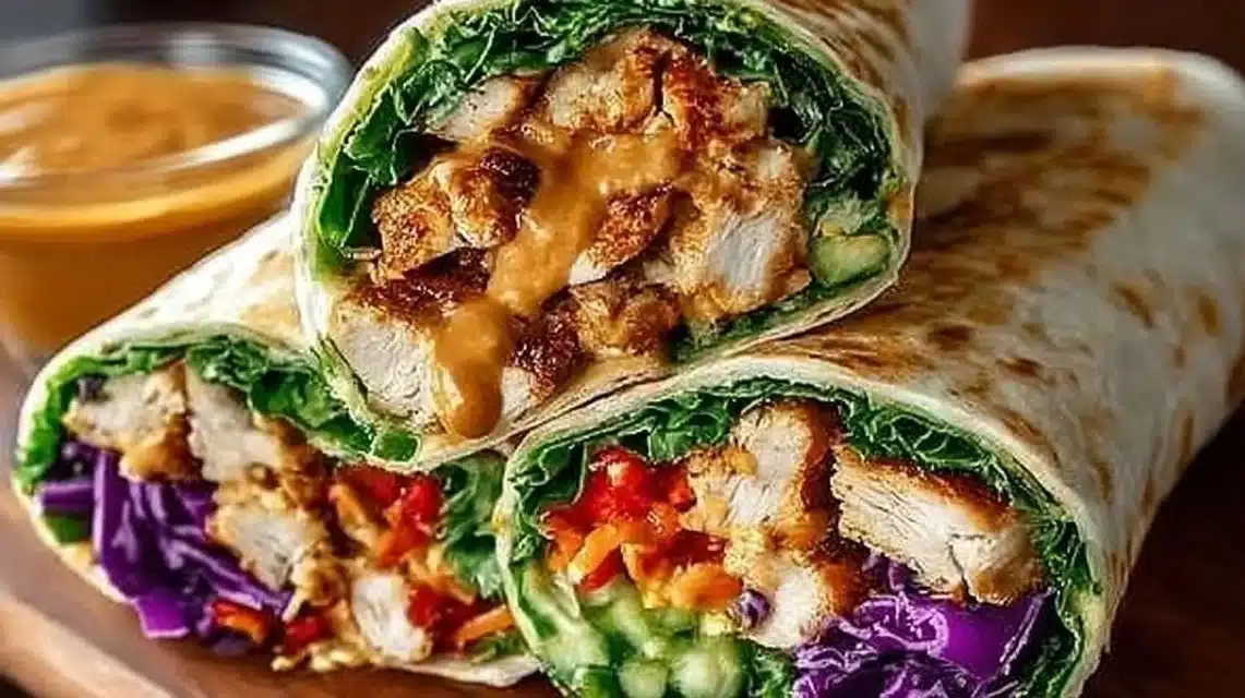 Thai Peanut Chicken Wraps filled with juicy chicken and vibrant veggies