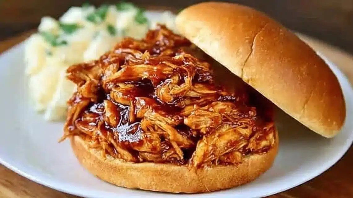 Delicious pulled Crockpot BBQ Chicken served on a plate